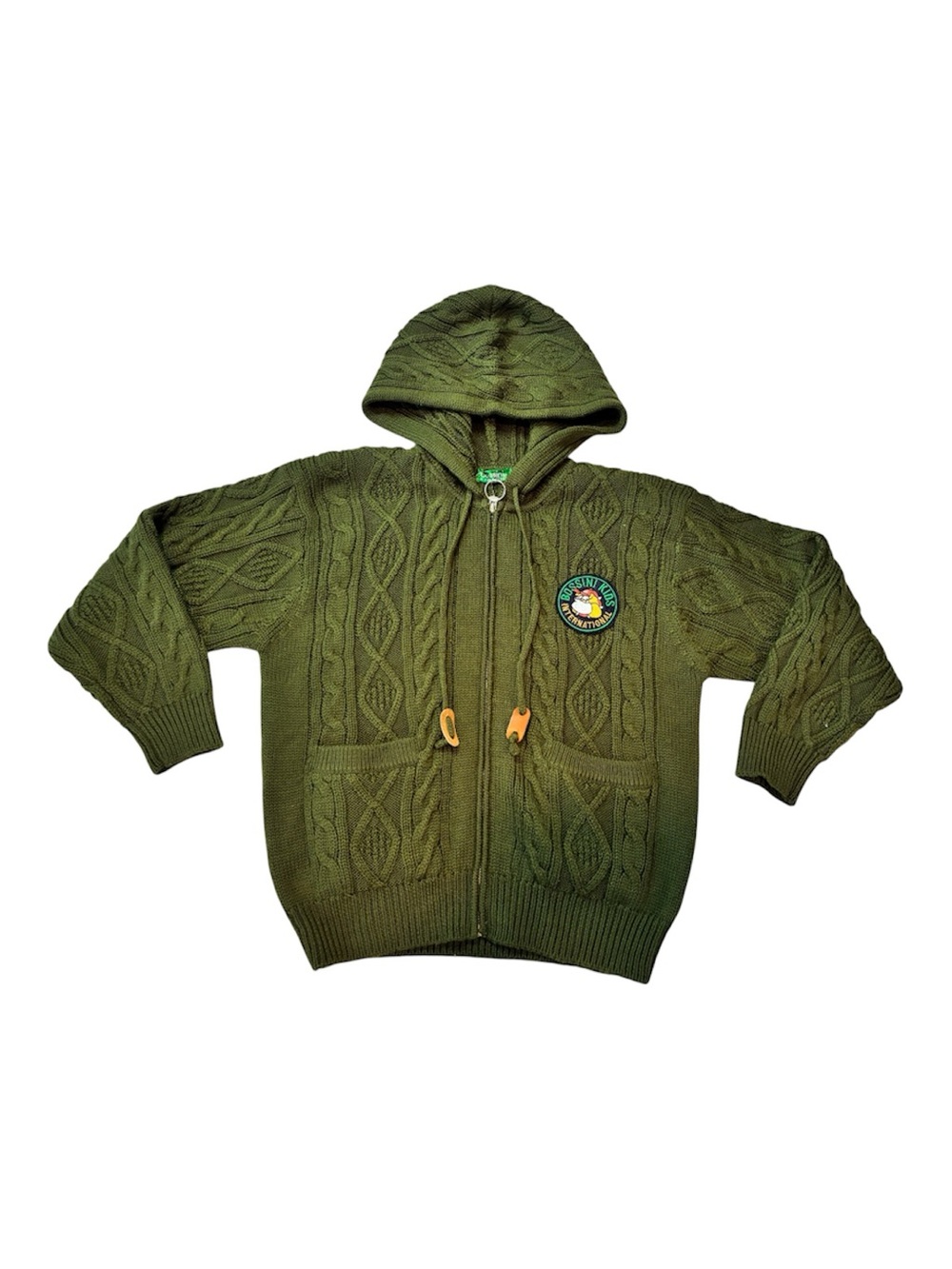 NWT Bossini Kids Cable Knit Zip Hoodie Sweater Green Y2K Sz 8-9 Wool Blend